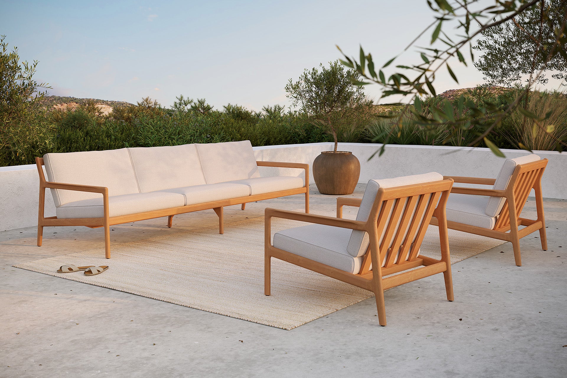 Ethnicraft - Outdoor - Canapé Jack - Teck Massif - Tissu Off White - 3 places - 265 x 90 x H73