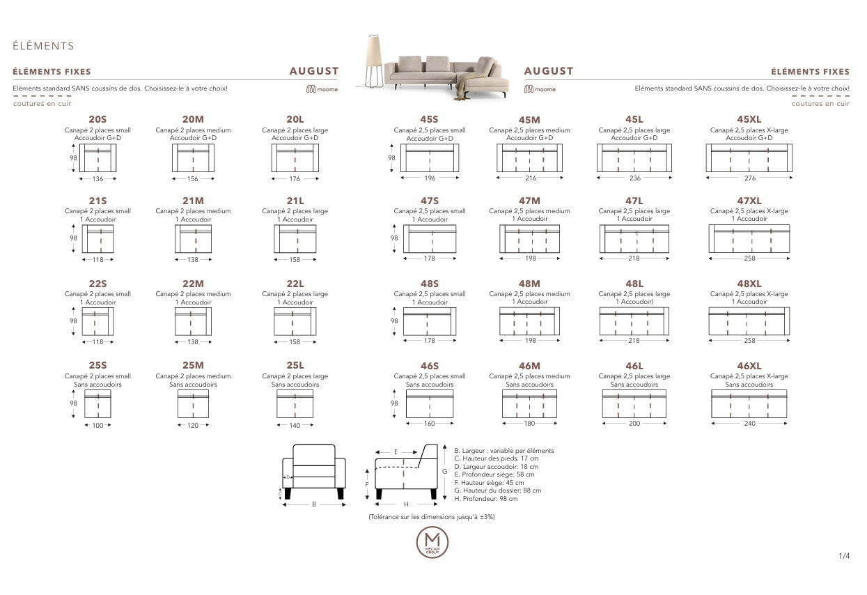 Moome - Canapé August - 196 x 98 x Hauteur assise 45 - Tissu Cat. 2