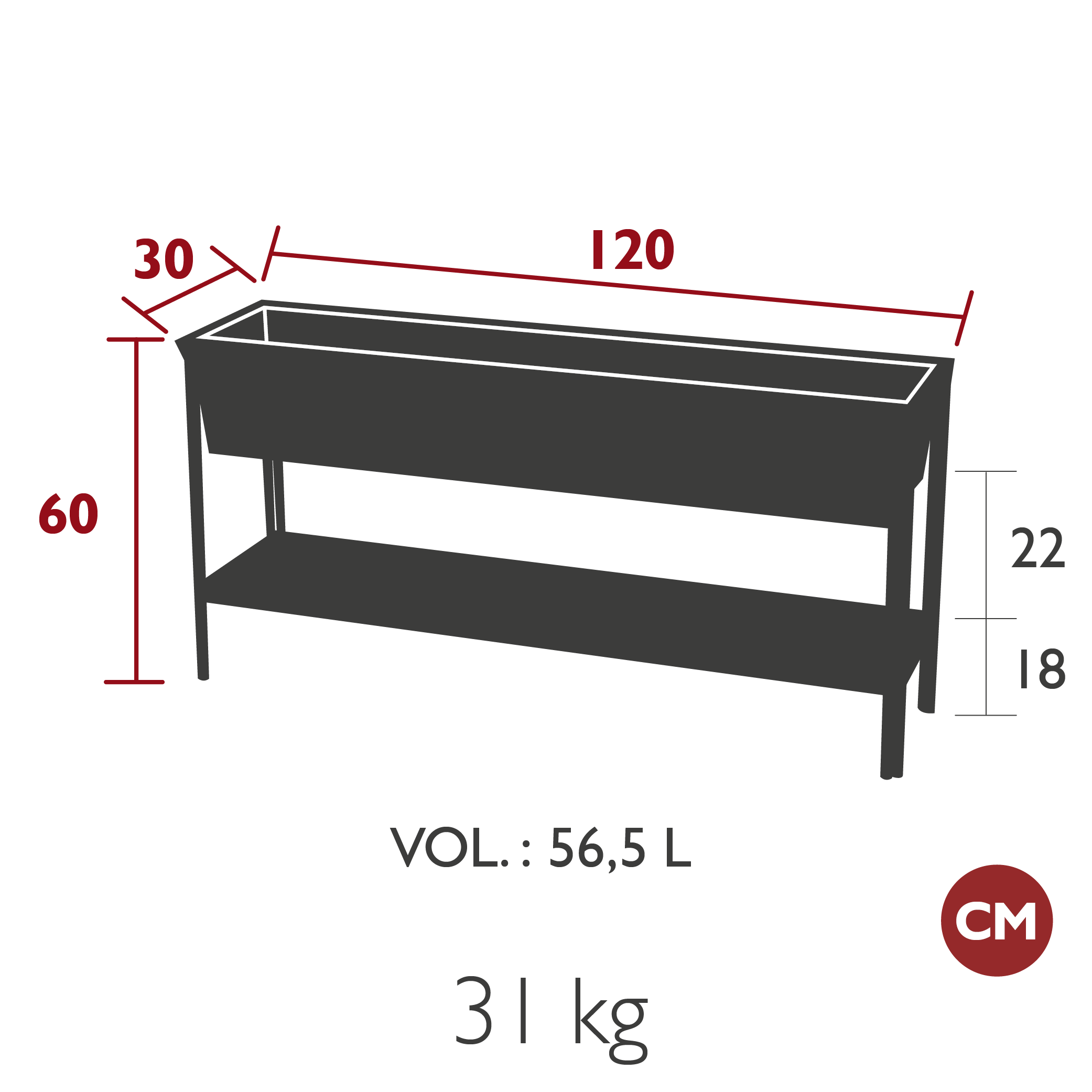 Fermob - Terrazza Moyen - Jardinière - 120 x 30 x H60 - 21 Coloris