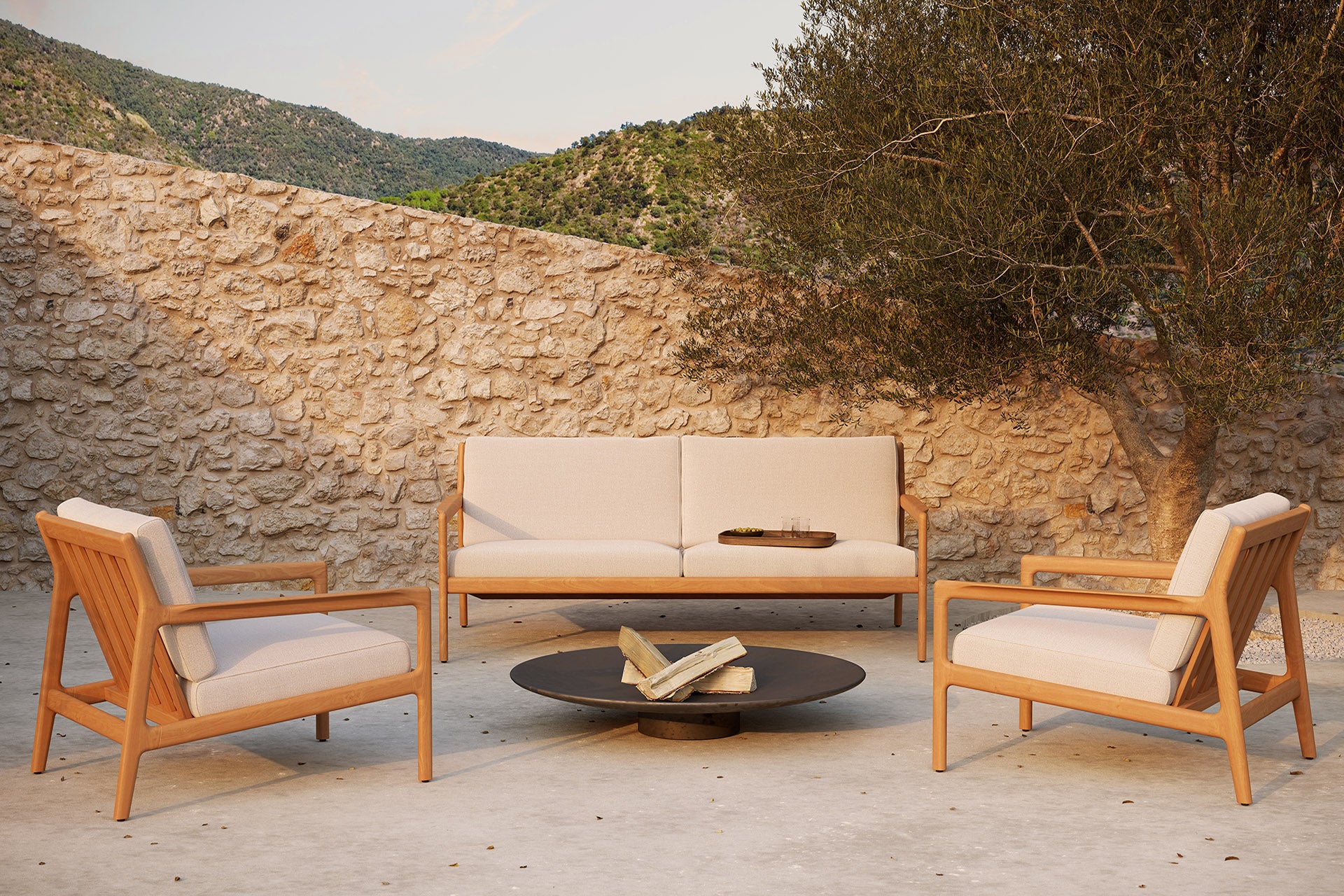 Ethnicraft - Outdoor - Canapé Jack - Teck - Tissu Off White - 2 places - 180 x 90 x H74