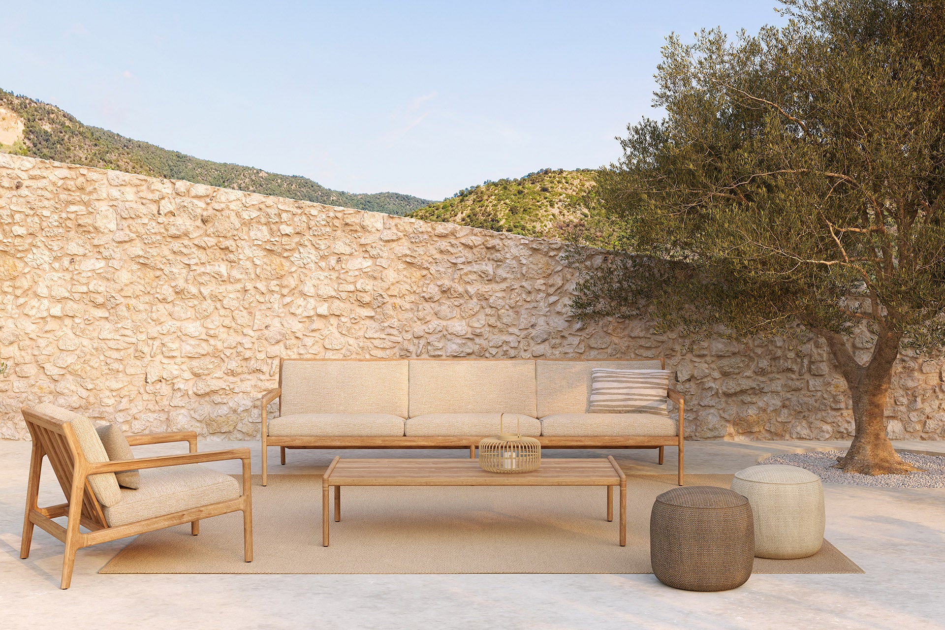 Ethnicraft - Outdoor - Canapé Jack - Teck - 3 places - Tissu naturel - 265 x 90 x H73