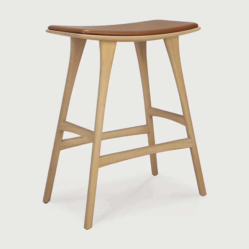 Ethnicraft – Osso – Tabouret Osso – Chêne - Cuir Cognac - Tabouret de cuisine