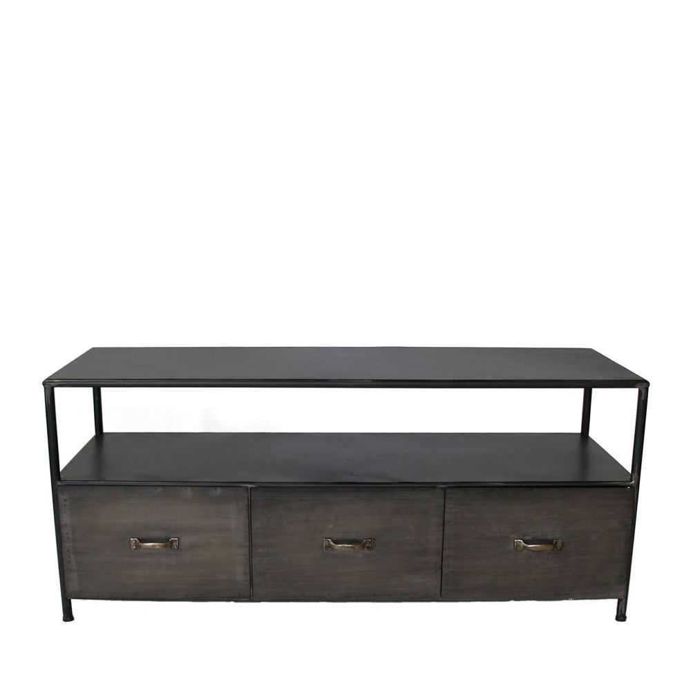 POMAX - Meuble TV Typographique - Métal Noir - 115 x 43 x H.57 - Déstockage (-30%)
